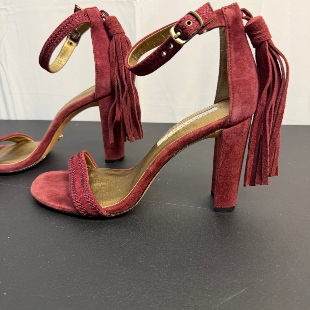 Cynthia Vincent Burgundy Suede Block Heels Tassels Size 7.5